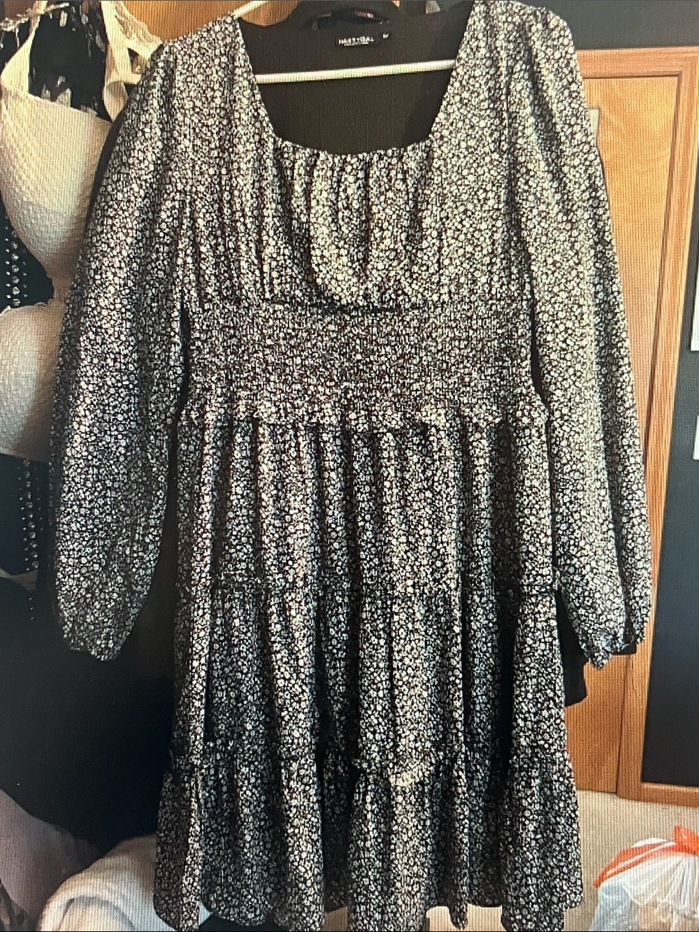 Nasty Gal Black and White Ditsy Floral Smocked-Waist Long Sleeve Dress